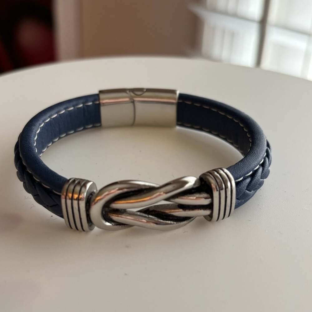 Men's LYNX Stainless Steel & Navy Braided Leather Bracelet